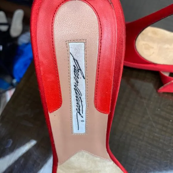 Brian Atwood Red Hot Babe Sandals Stilettos Satin Open Toe Heels Women's 41