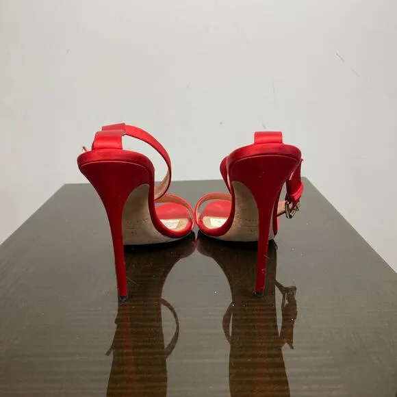 Brian Atwood Red Hot Babe Sandals Stilettos Satin Open Toe Heels Women's 41