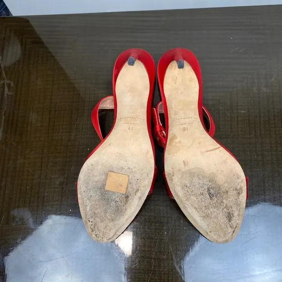 Brian Atwood Red Hot Babe Sandals Stilettos Satin Open Toe Heels Women's 41