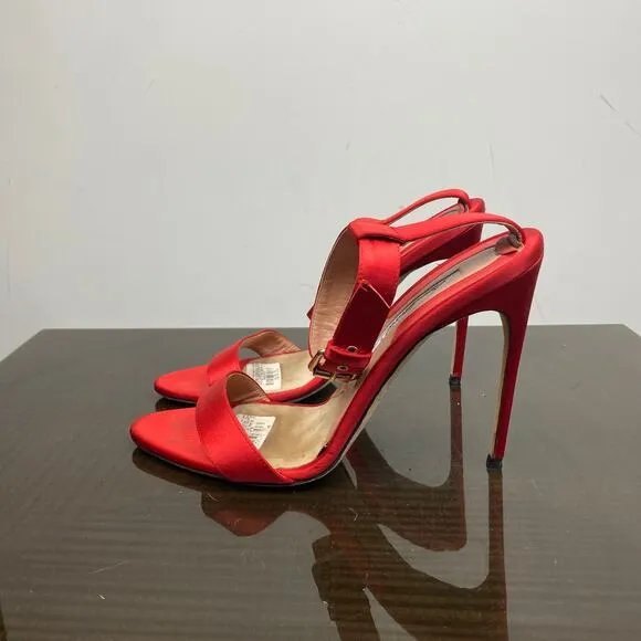 Brian Atwood Red Hot Babe Sandals Stilettos Satin Open Toe Heels Women's 41