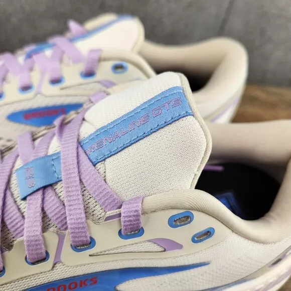 Brooks Adrenaline GTS 23 Sz 9.5 Womens Beige Ivory Purple Blue Running Shoes New