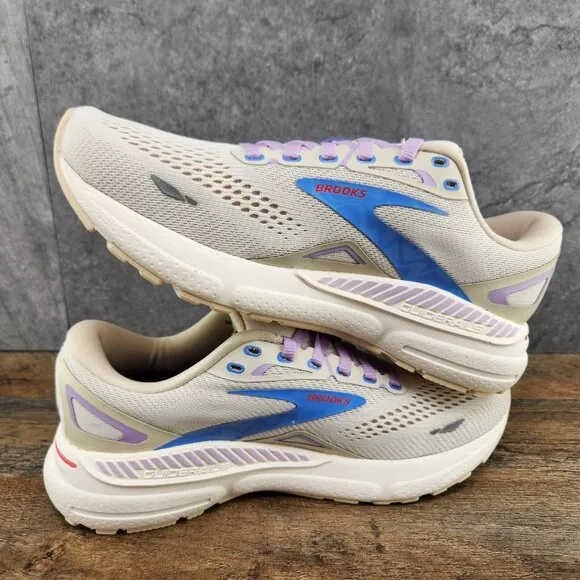 Brooks Adrenaline GTS 23 Sz 9.5 Womens Beige Ivory Purple Blue Running Shoes New