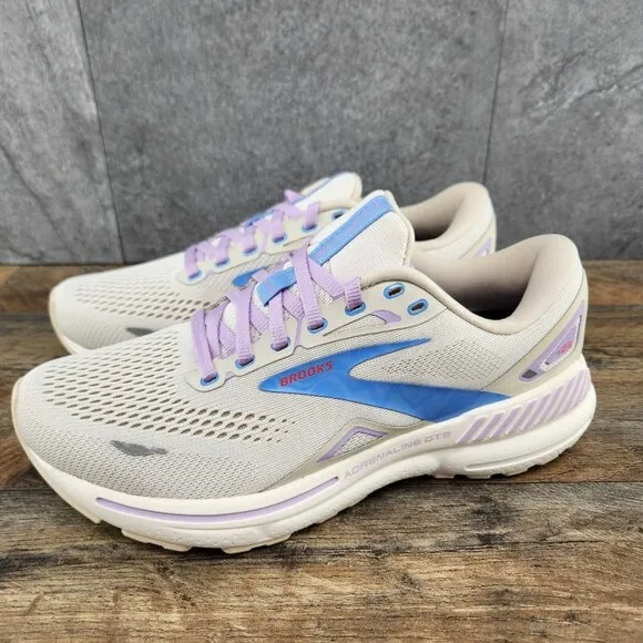 Brooks Adrenaline GTS 23 Sz 9.5 Womens Beige Ivory Purple Blue Running Shoes New