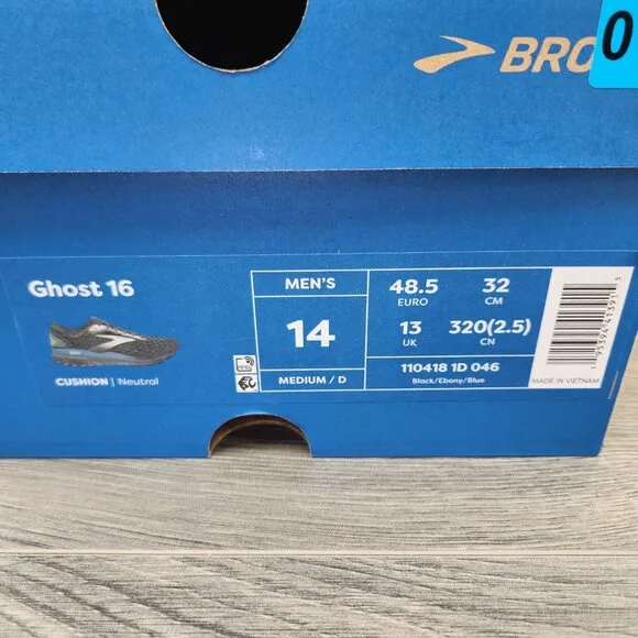 Brooks Ghost 16 Size 14 Mens Black Ebony Blue Athletic Casual Running Shoes