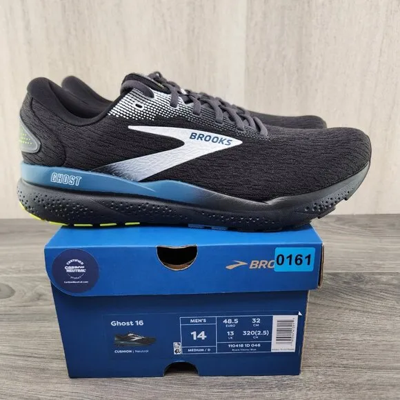 Brooks Ghost 16 Size 14 Mens Black Ebony Blue Athletic Casual Running Shoes