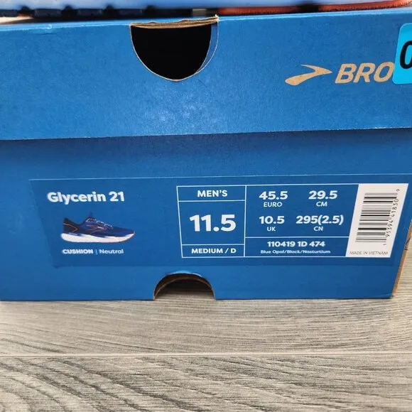 Brooks Glycerin 21 Size 11.5 Mens Blue Opal Black Nasturtium White Running Shoes