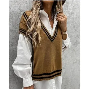 Brown Striped Knit V-Neck Oversized Sleeveless Square Pullover Sweater Vest