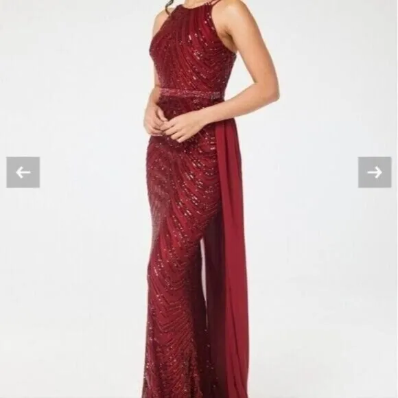 Burgundy,  O Neck, Sleeveless,  Detachable Skirt,  Sequined Mermaid Gown