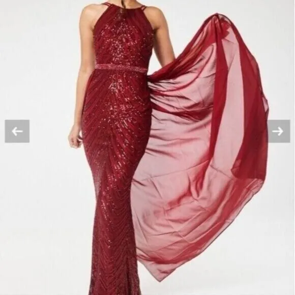 Burgundy,  O Neck, Sleeveless,  Detachable Skirt,  Sequined Mermaid Gown
