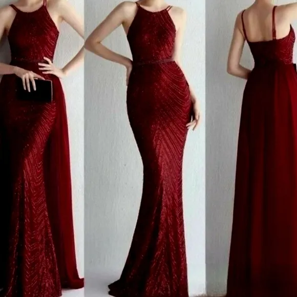 Burgundy,  O Neck, Sleeveless,  Detachable Skirt,  Sequined Mermaid Gown