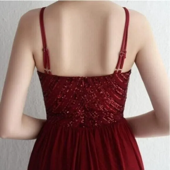 Burgundy,  O Neck, Sleeveless,  Detachable Skirt,  Sequined Mermaid Gown
