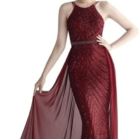 Burgundy,  O Neck, Sleeveless,  Detachable Skirt,  Sequined Mermaid Gown