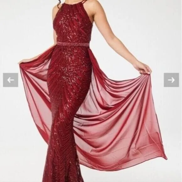 Burgundy,  O Neck, Sleeveless,  Detachable Skirt,  Sequined Mermaid Gown