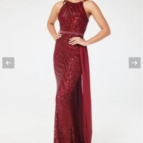 Burgundy,  O Neck, Sleeveless,  Detachable Skirt,  Sequined Mermaid Gown