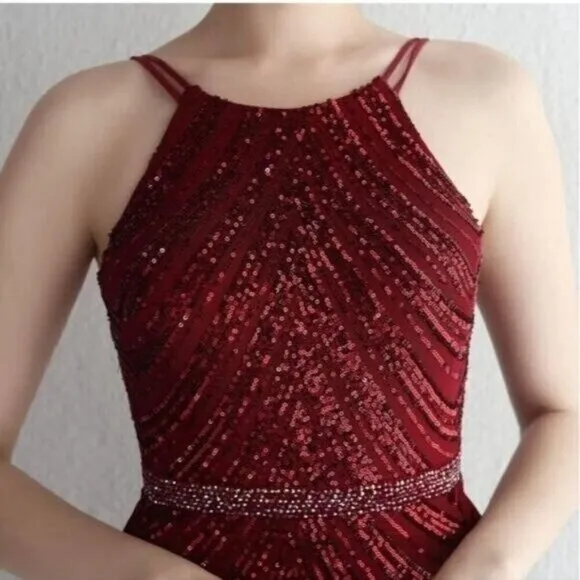 Burgundy,  O Neck, Sleeveless,  Detachable Skirt,  Sequined Mermaid Gown