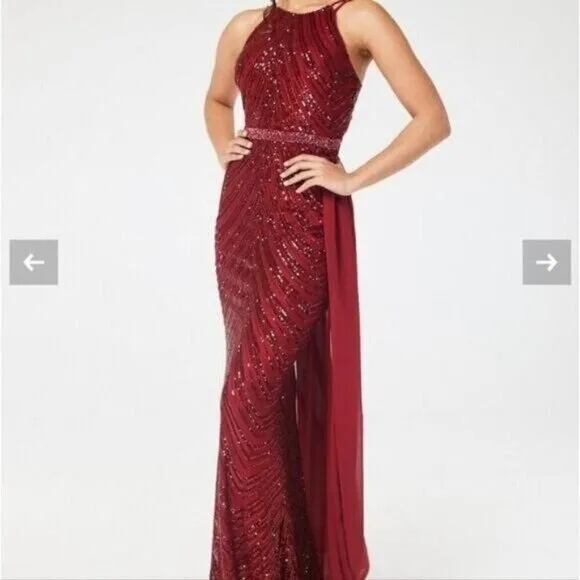 Burgundy,  O Neck, Sleeveless,  Detachable Skirt,  Sequined Mermaid Gown