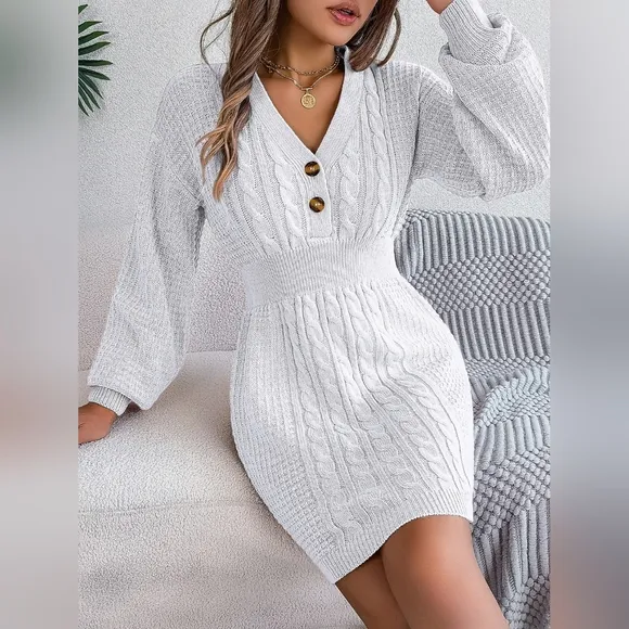 Cable Waffle Knit Blend Sweater Dress Buttoned V-neck Long Sleeve Mini White