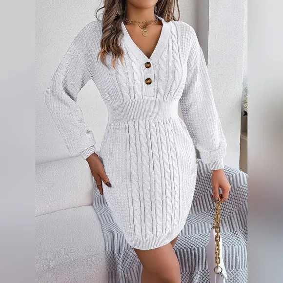 Cable Waffle Knit Blend Sweater Dress Buttoned V-neck Long Sleeve Mini White