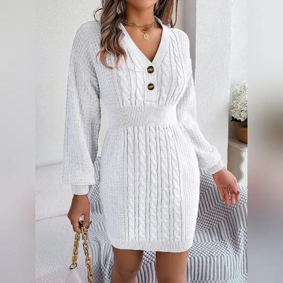 Cable Waffle Knit Blend Sweater Dress Buttoned V-neck Long Sleeve Mini White