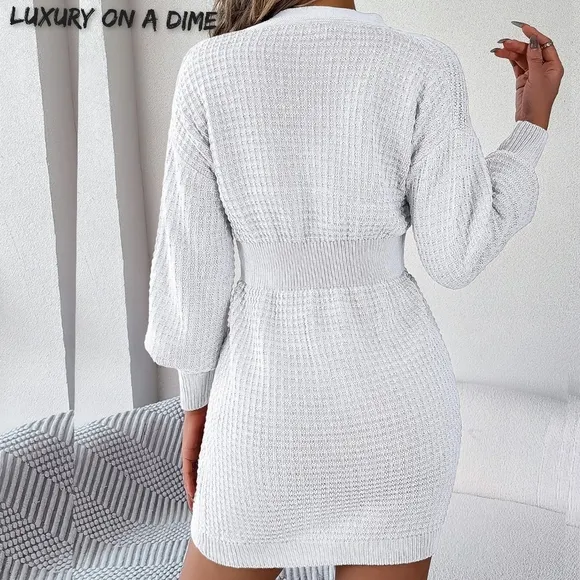 Cable Waffle Knit Blend Sweater Dress Buttoned V-neck Long Sleeve Mini White
