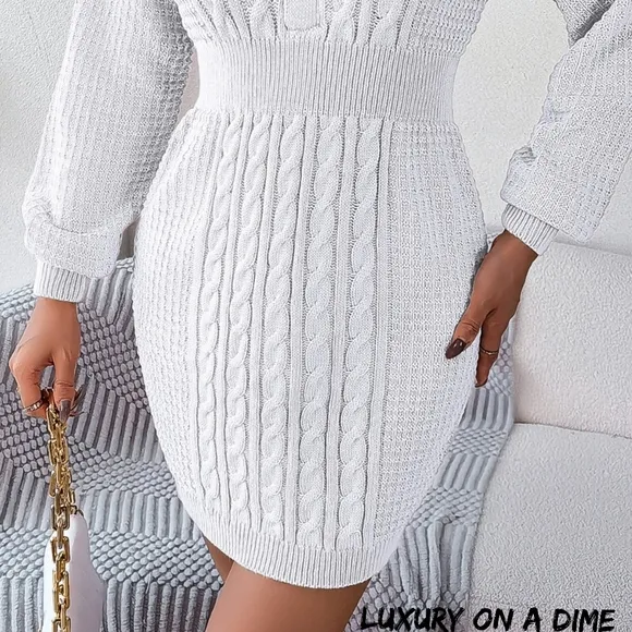 Cable Waffle Knit Blend Sweater Dress Buttoned V-neck Long Sleeve Mini White