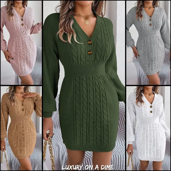 Cable Waffle Knit Blend Sweater Dress Buttoned V-neck Long Sleeve Mini White