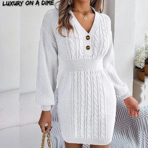 Cable Waffle Knit Blend Sweater Dress Buttoned V-neck Long Sleeve Mini White