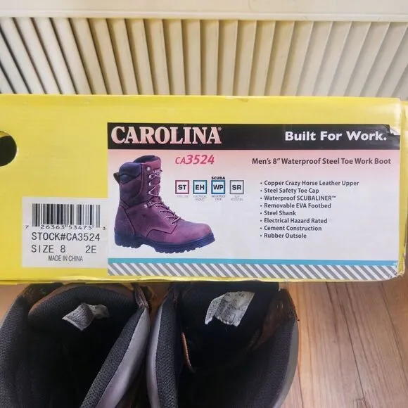 Carolina 8&quot; Waterproof Steel Toe Work Boots Men's 8 EE Wide Brown Leather CA3524