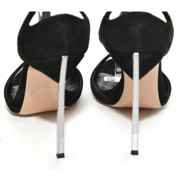 CASADEI Black Suede Leather Sandals Silver Metal Heels Peep Toe Ankle Strap 38