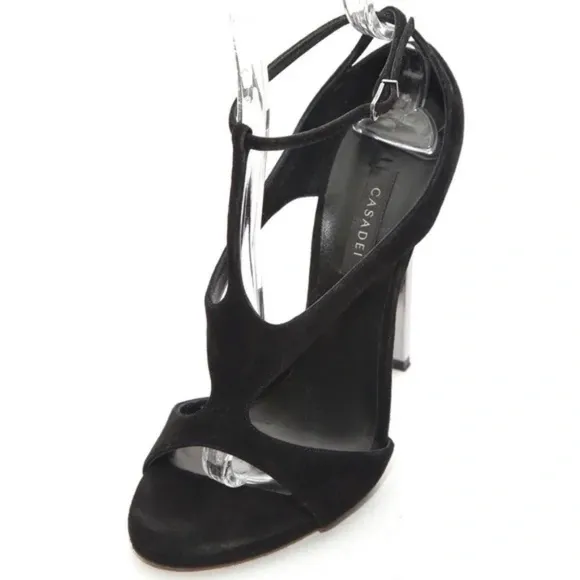 CASADEI Black Suede Leather Sandals Silver Metal Heels Peep Toe Ankle Strap 38