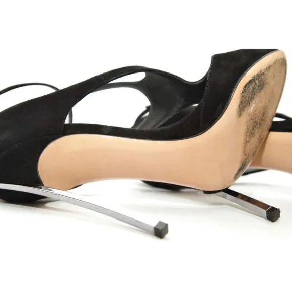 CASADEI Black Suede Leather Sandals Silver Metal Heels Peep Toe Ankle Strap 38