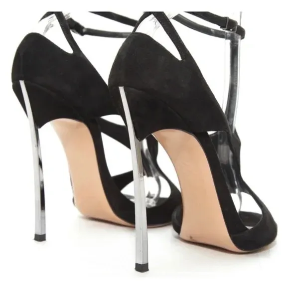 CASADEI Black Suede Leather Sandals Silver Metal Heels Peep Toe Ankle Strap 38