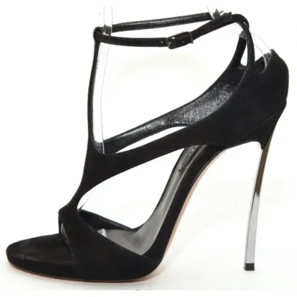 CASADEI Black Suede Leather Sandals Silver Metal Heels Peep Toe Ankle Strap 38