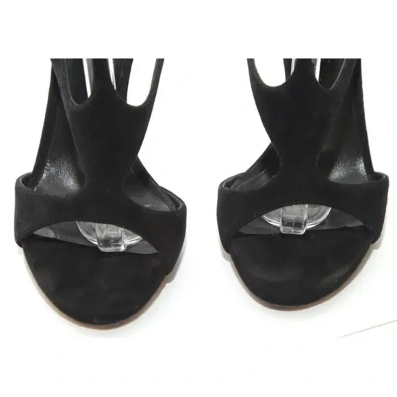 CASADEI Black Suede Leather Sandals Silver Metal Heels Peep Toe Ankle Strap 38