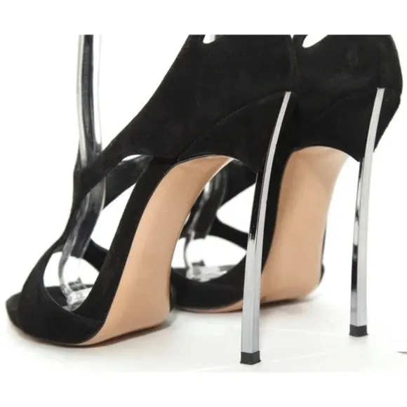 CASADEI Black Suede Leather Sandals Silver Metal Heels Peep Toe Ankle Strap 38