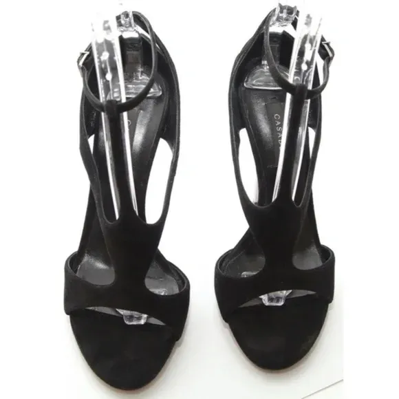 CASADEI Black Suede Leather Sandals Silver Metal Heels Peep Toe Ankle Strap 38