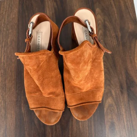 Casadei Block Heels Womens 39 Brown Suede Sling Back Sandals Peep Toe Block Pump