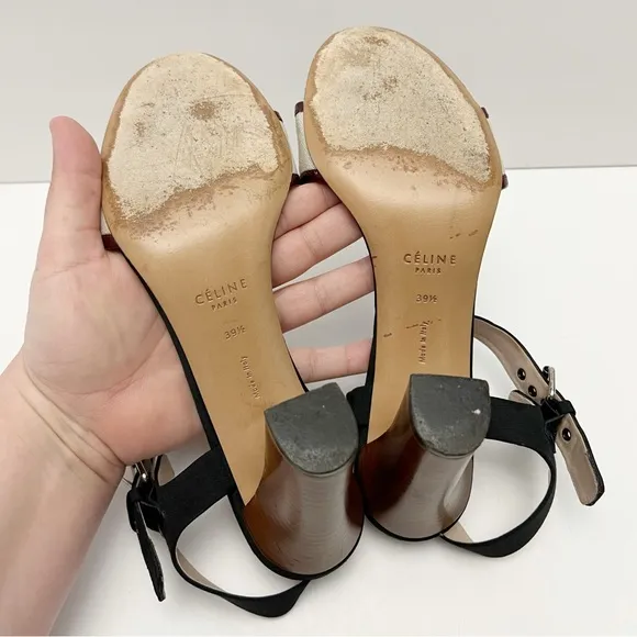 CELINE Black Beige Burgundy Ankle Strap Sandals Heels Minimalist EU 39.5 US 9.5