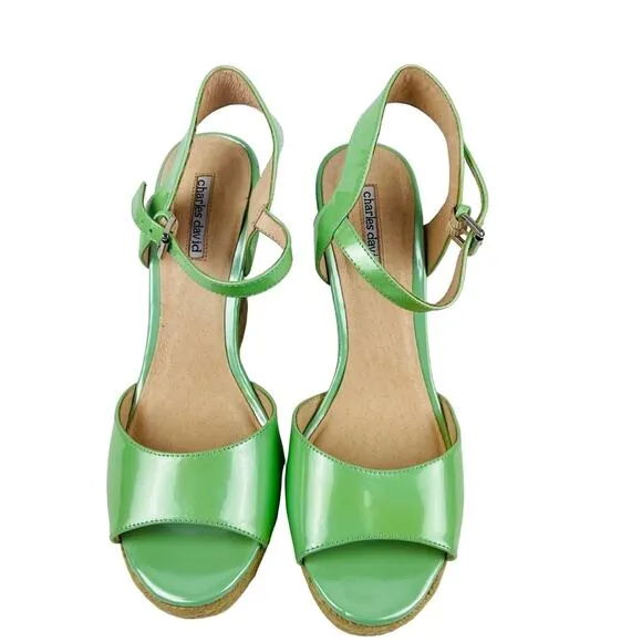 Charles David Green Leather Cork Wedge Sandals Size 10