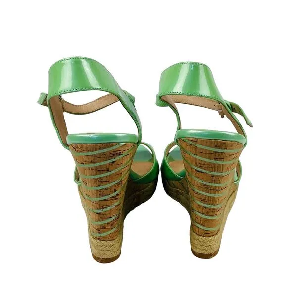 Charles David Green Leather Cork Wedge Sandals Size 10