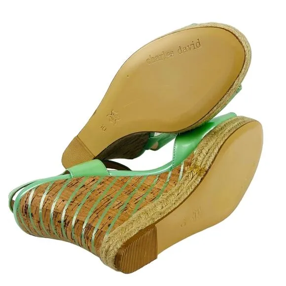Charles David Green Leather Cork Wedge Sandals Size 10