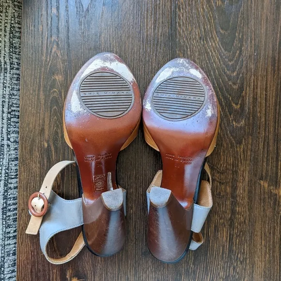 Chie Mihara Brown Tan Gray Leather Colorblock Ankle Strap Cone Heel Sandals 8