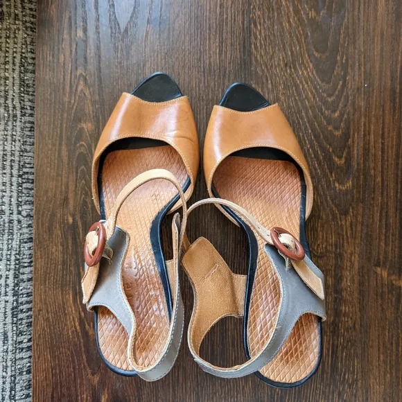 Chie Mihara Brown Tan Gray Leather Colorblock Ankle Strap Cone Heel Sandals 8