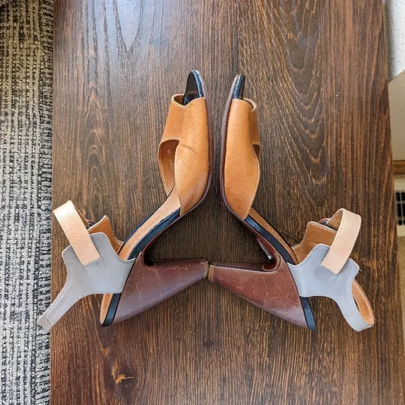 Chie Mihara Brown Tan Gray Leather Colorblock Ankle Strap Cone Heel Sandals 8