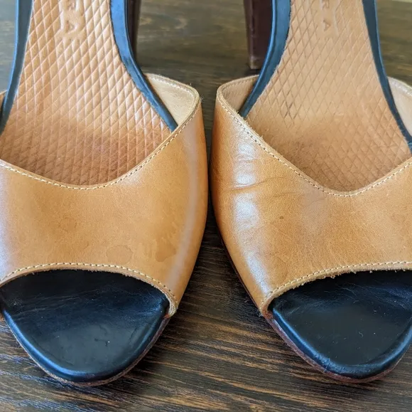 Chie Mihara Brown Tan Gray Leather Colorblock Ankle Strap Cone Heel Sandals 8