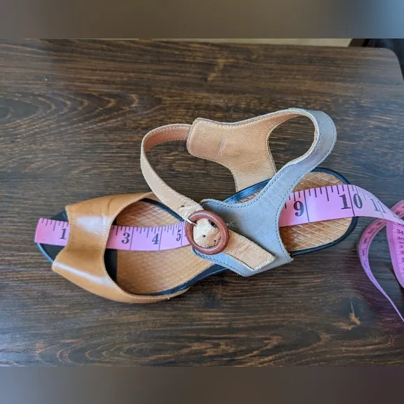Chie Mihara Brown Tan Gray Leather Colorblock Ankle Strap Cone Heel Sandals 8