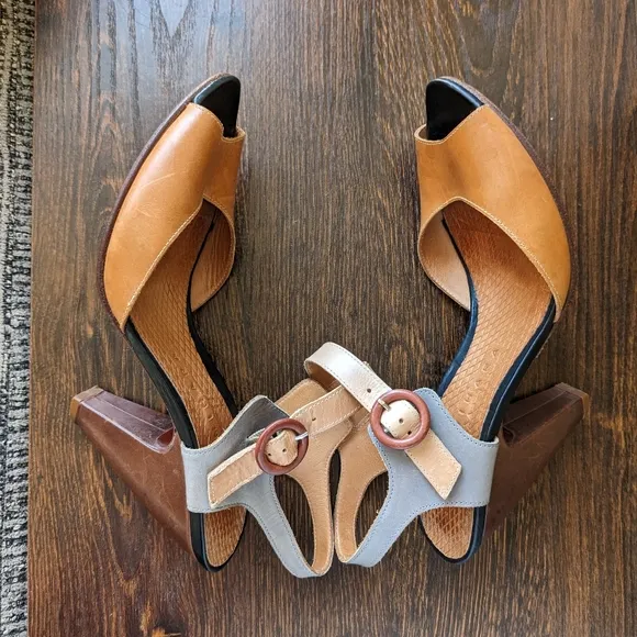 Chie Mihara Brown Tan Gray Leather Colorblock Ankle Strap Cone Heel Sandals 8