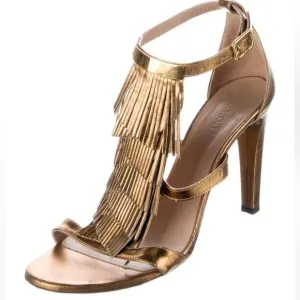 Chloe Daniella Leather Fringe Bronze Gold Heel Sandals size 7.5