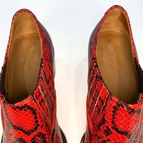 Chloe Rylee Python Print Leather Heeled Ankle Boots EU 37 US 7 Gypsy Red Slip On
