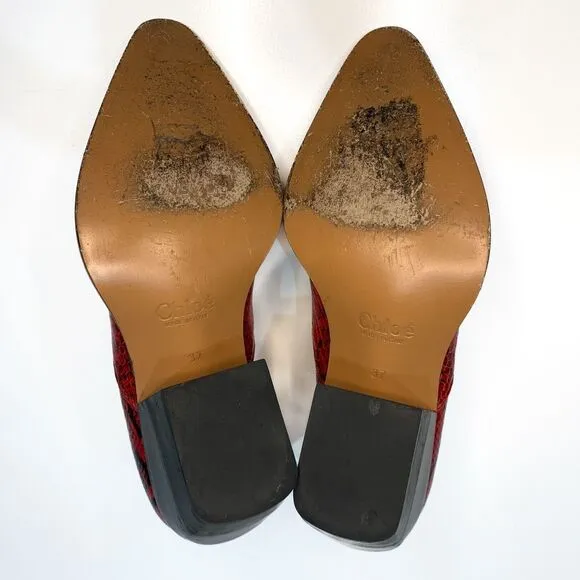 Chloe Rylee Python Print Leather Heeled Ankle Boots EU 37 US 7 Gypsy Red Slip On